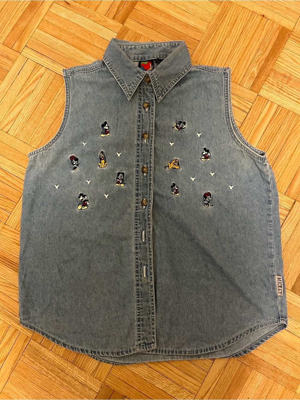 Disney Mickey Unlimited Embroidered Sleeveless Denim Shirt | L